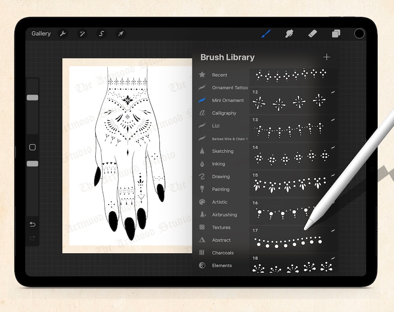 Ornamental Tattoo Brushes for Procreate, procreate ornamental line tattoo, ornament tattoo stencil, tattoo flash, digital download image 5