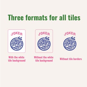May include: Image showing three tile formats with the text "Three formats for all tiles." Each tile features a blue and white design with the word "JOKER" above it. The formats include a white background, no background, and no borders.
