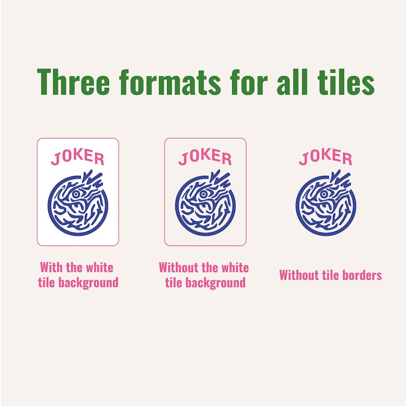 May include: Image showing three tile formats with the text "Three formats for all tiles." Each tile features a blue and white design with the word "JOKER" above it. The formats include a white background, no background, and no borders.
