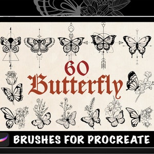 60 Butterfly Tattoo Procreate Brushes, Butterfly Stamps Collection, Flying insects stamps, tattoo design, stencil, Tattoo Stamp Brushes