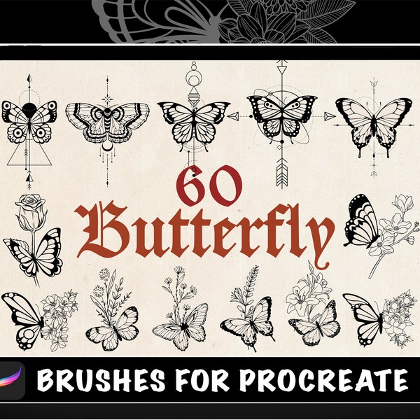 60 Butterfly Tattoo Procreate Brushes, Butterfly Stamps Collection, Flying insects stamps, tattoo design, stencil, Tattoo Stamp Brushes