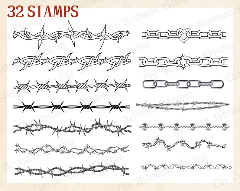 60 Barbed Wire and Chain Tattoo Procreate Brushes Procreate Etsy