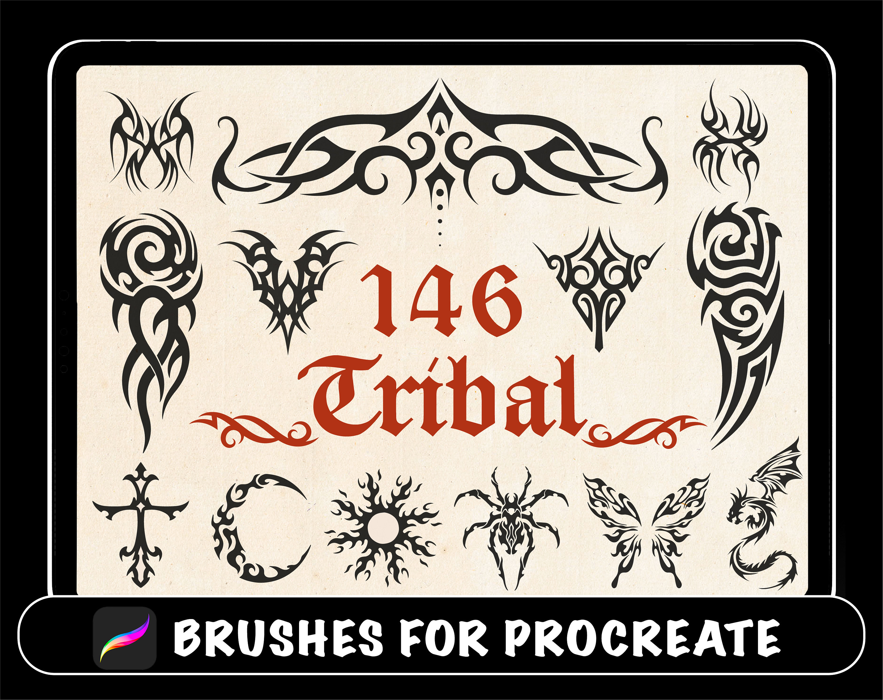 146 Procreate Tribal Tattoo Brushes, Tribal Ornament Procreate Stamp
