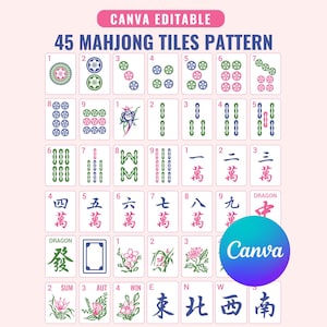 May include: A digital graphic featuring 45 Mahjong tiles arranged in a grid pattern. The tiles display various suits including dots, bamboo, characters, dragons, seasons, and winds in green, blue, pink, and black. Text reads CANVA EDITABLE.
