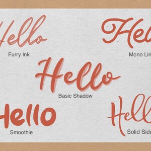 May include: Five different styles of the word "Hello" in a reddish-brown color. The styles are "Furry Ink", "Mono Line", "Basic Shadow", "Smoothie", and "Solid Side".