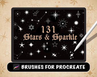 Puede incluir: Una ilustración digital de 131 pinceles de estrellas y brillo para Procreate. Los pinceles se muestran sobre un fondo negro con estrellas y brillos blancos.