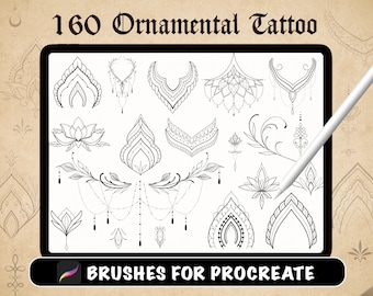 160 Ornamental Tattoo Procreate Brushes, procreate stamp ornament tattoo, mini tattoo, lotus, Geometric tattoo flash, digital download