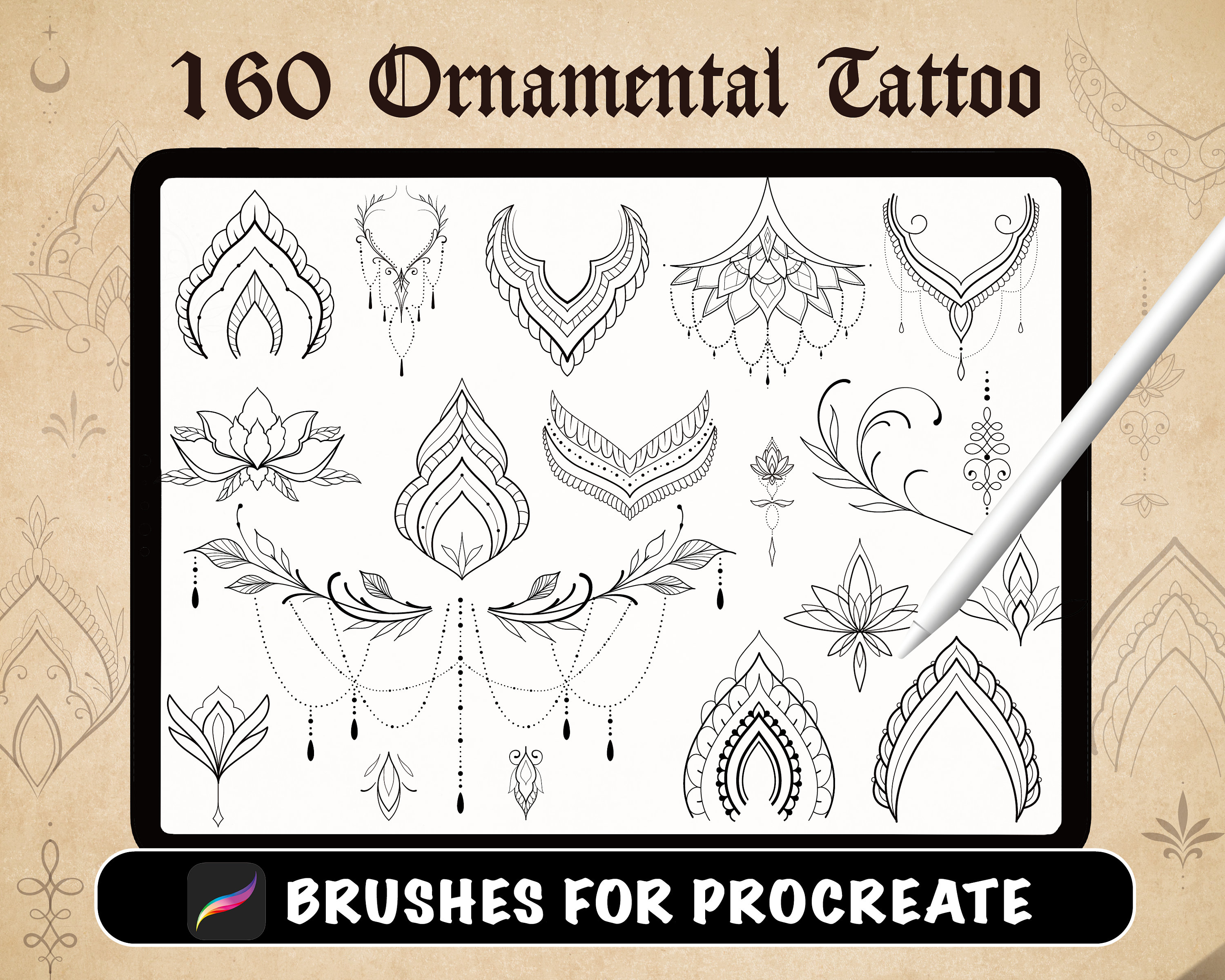 160 Ornamental Tattoo Procreate Brushes – Geometric, Lotus & Mini Flash Stamps