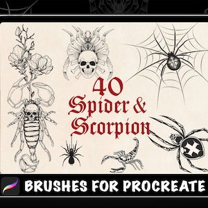 May include: A set of 40 Procreate brushes featuring black and white illustrations of spiders and scorpions. The brushes are designed for digital art and include various styles, such as a spider web, a scorpion with a skull, and a spider with a cross.