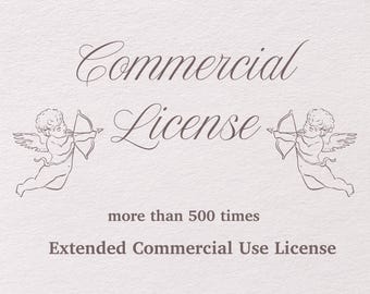 May include: A light beige background with the words "Commercial License" in elegant script. Two cherubic figures with bows and arrows flank the text. Below, it reads "more than 500 times" and "Extended Commercial Use License."