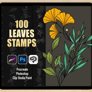 100 Leaves Stamps for Procreate, Photoshop, Clip Studio Paint, leaf tattoo procreate brushes, Botanical tattoo stencil, digital download image 1