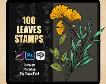 100 Leaves Stamps for Procreate, Photoshop, Clip Studio Paint, leaf tattoo procreate brushes, Botanical tattoo stencil, digital download