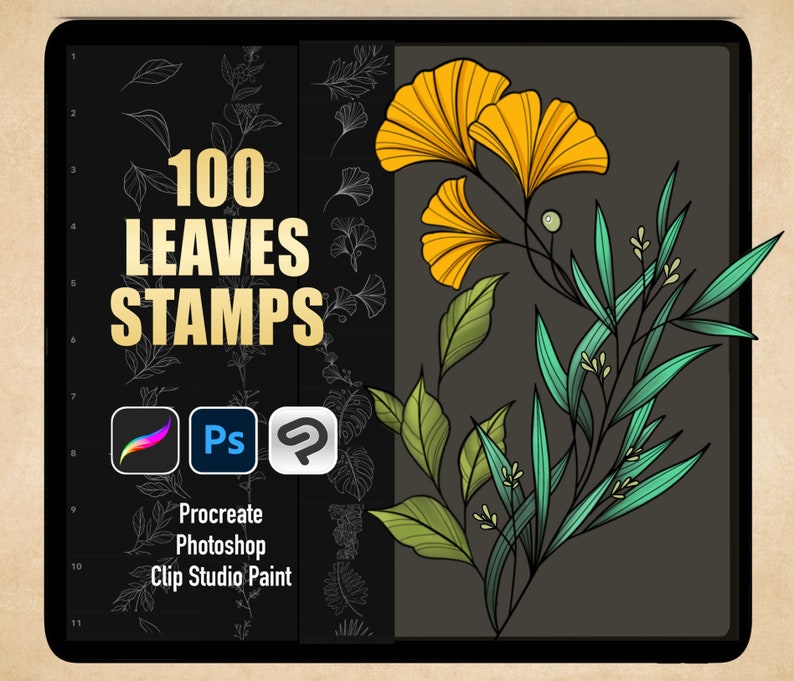 100 Leaves Stamps for Procreate, Photoshop, Clip Studio Paint, leaf tattoo procreate brushes, Botanical tattoo stencil, digital download image 1