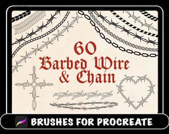 May include: A set of 60 Procreate brushes featuring barbed wire and chain designs. The brushes are black and white and include various styles of barbed wire and chain, including a heart shape and a cross.