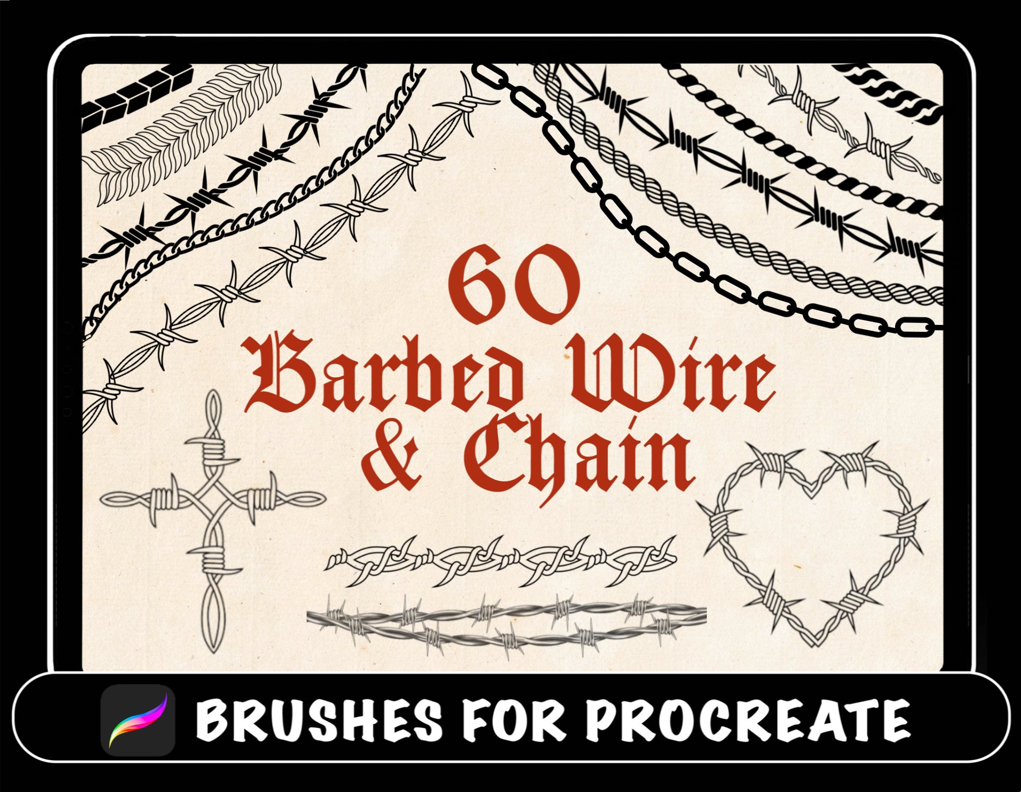 60 Pinceles Procreate de Tatuaje con Alambre de Púas y Cadenas | Sellos y Plantillas para Flash Art