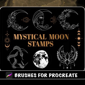 Procreate - 105 Mystical Moon Stamps, Crescent Moon tattoo, Procreate tattoo brush stencil, Witchcraft, Celestial, flower, digital download