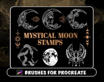 Procreate - 105 Mystical Moon Stamps, Crescent Moon tattoo, Procreate tattoo brush stencil, Witchcraft, Celestial, flower, digital download