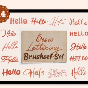 Puede incluir: La pantalla de una tableta digital muestra un conjunto de 14 fuentes de pincel para la caligrafía. Las fuentes son de varios estilos y colores, incluyendo rojo, naranja y amarillo. El texto en la pantalla dice "Hello" en diferentes estilos y "Besic Lettering Brushset Set".