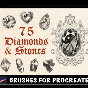 May include: 75 Diamonds & Stones Procreate Brushes. A set of 75 digital brushes for the Procreate app, featuring various diamond and stone shapes, including round, heart, teardrop, and more.