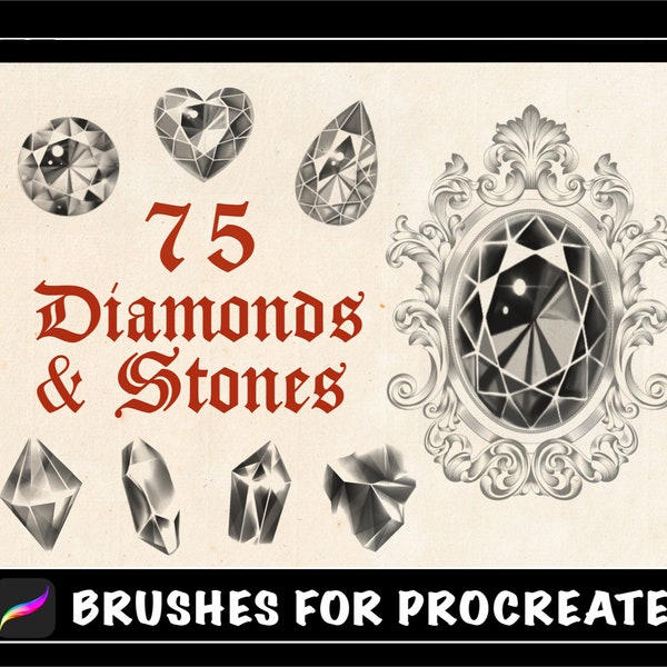 75 Diamond and crystal Procreate Brushes, jewelry stones gems Procreate Stamp, Tattoo Stencil, Tattoo Flash Digital, Jewel gemstones