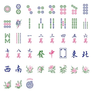 May include: A collection of colorful Mahjong tiles, featuring various suits, numbers, and characters. The tiles display floral designs, Chinese characters, and geometric patterns in shades of green, pink, blue, and white. Includes a "JOKER" tile.
