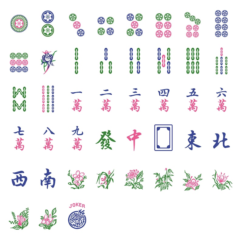 May include: A collection of colorful Mahjong tiles, featuring various suits, numbers, and characters. The tiles display floral designs, Chinese characters, and geometric patterns in shades of green, pink, blue, and white. Includes a "JOKER" tile.