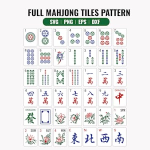 May include: A collection of Mahjong tiles with various symbols and numbers. The tiles feature red, green, and blue circular designs, Chinese characters, and floral illustrations. The text "FULL MAHJONG TILES PATTERN" is at the top.