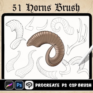May include: A digital illustration of 51 different horn shapes, including antlers, for use as a brush in Procreate, Photoshop, and Clip Studio Paint. The image shows a variety of horn shapes, sizes, and styles, all in black and white.