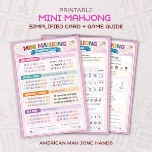 Könnte beinhalten: Druckbare Mini-Mahjong-Vereinfachte Karte + Spielanleitung. Die rosa Karten zeigen Spielregeln wie Zahlen, gerade + ungerade, Drachen + Winde und in einer Reihe. Der Text "American Mah Jong Hands" steht unten.