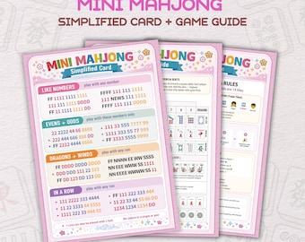 May include: Printable Mini Mahjong Simplified Card + Game Guide. The pink cards feature game rules, like numbers, evens + odds, dragons + winds, and in a row. The text "American Mah Jong Hands" is at the bottom.