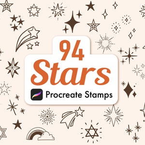 May include: A collection of 94 star-shaped Procreate stamps. The image features a variety of stars, including shooting stars, twinkling stars, and starbursts. The stars are drawn in a simple, hand-drawn style.