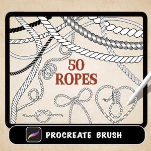 May include: A digital display showing a collection of 50 rope illustrations in various styles and knots, including loops and heart shapes. The text 50 ROPES is centered in brown, and a white stylus is positioned on the right side of the screen.