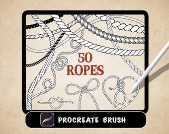 May include: A digital display showing a collection of 50 rope illustrations in various styles and knots, including loops and heart shapes. The text 50 ROPES is centered in brown, and a white stylus is positioned on the right side of the screen.