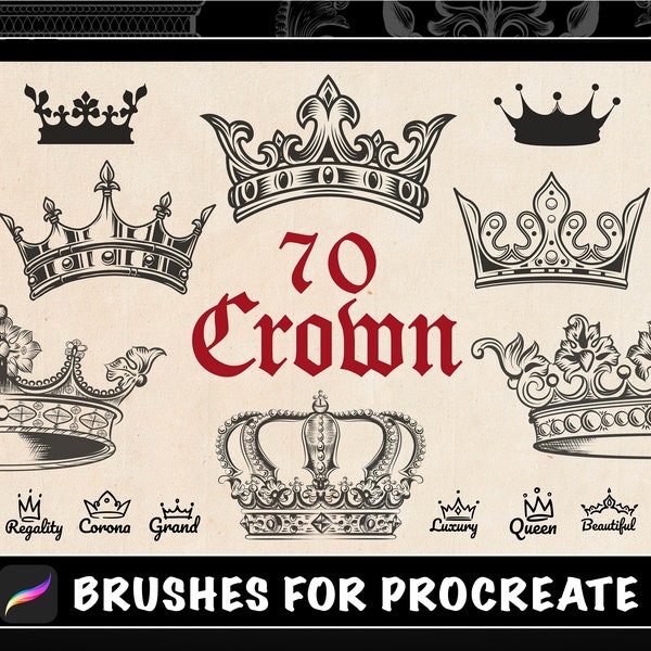 70 Crown Tattoo Procreate Brushes Set, Vintage Crown Tattoo Design, Tattoo Stencil, King Queen Princess Throne Monarch Tattoo Stamp Brushes