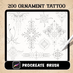Peut inclure: Une tablette numérique affiche 200 motifs de tatouages ornementaux à l'encre noire. Les motifs comprennent des motifs floraux, géométriques et en forme d'éclat de soleil. La tablette affiche également le logo et le texte Procreate Brush.