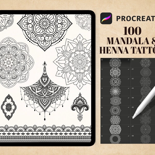 100 Mandala und Henna Procreate Stempel, mehndi, Henna, indische Tattoo Procreate Pinsel, Ornamental Tattoo Flash, digitaler Download