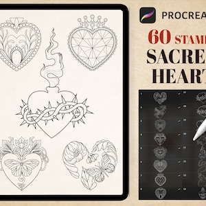 60 Sacred Heart Procreate Brushes Kit, Ornament heart Procreate Stamp, heart bottle, flaming heart love tattoo, tattoo stencil design