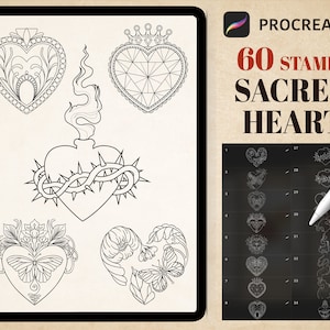 60 Sacred Heart Procreate Pinsel Kit, Ornament Herz Procreate Stempel, Herz Flasche, flammendes Herz Liebe Tattoo, Tattoo Schablonen Design