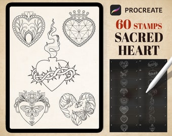 Kit di 60 pennelli Sacred Heart Procreate, timbro Procreate a forma di cuore ornamentale, bottiglia a forma di cuore, tatuaggio d'amore a forma di cuore fiammeggiante, disegno stencil per tatuaggi