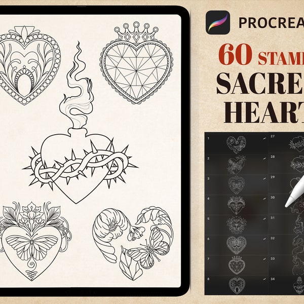 60 Sacred Heart Procreate Pinsel Kit, Ornament Herz Procreate Stempel, Herz Flasche, flammendes Herz Liebe Tattoo, Tattoo Schablone Design