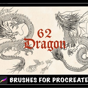 62 Procreate Dragon Tattoo Pinsel, Procreate Stempel Japanischer Drachen Tattoo, Chinesischer Drachen Stempel, Tattoo Schablone, Tattoo Flash Digital