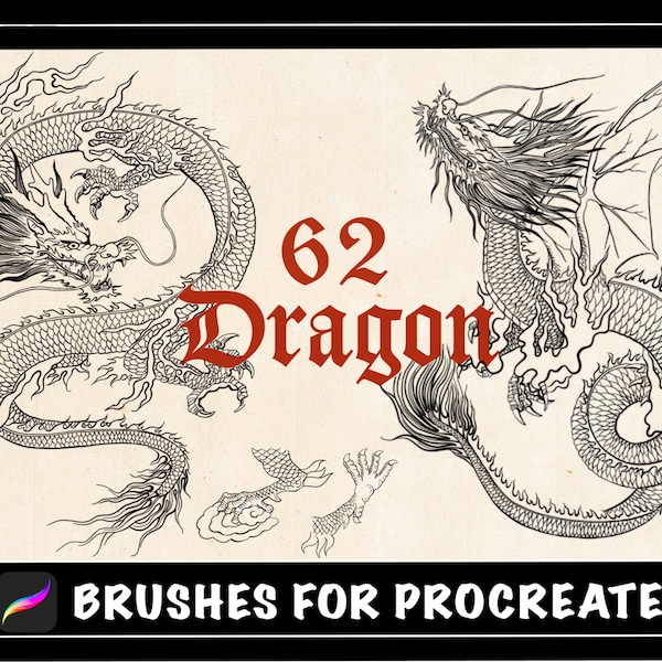 62 Procreate Dragon Tattoo Brushes, Procreate Stamps Japanse Dragon Tattoo, Chinese Dragon Stamp, Tattoo stencil, Tattoo Flash Digital