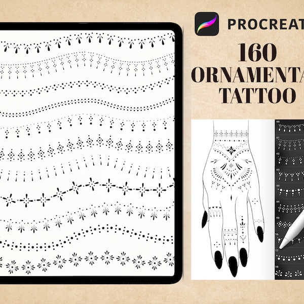 Ornamental Tattoo Brushes for Procreate, procreate ornamental line tattoo, ornament tattoo stencil, tattoo flash, digital download