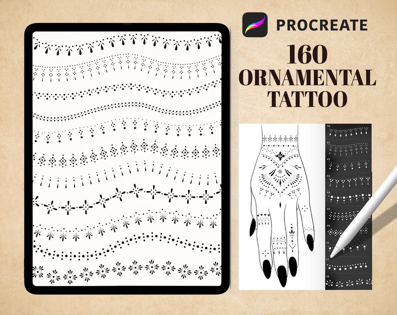 Ornamental Tattoo Brushes for Procreate, procreate ornamental line tattoo, ornament tattoo stencil, tattoo flash, digital download image 1