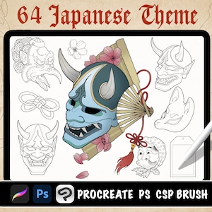 64 Japanese Mask & Omamori Tattoo Brushes, Procreate, Photoshop, Clip Studio Paint, Japanese Theme Procreate Stamp, Fan, kitsune yokai mask
