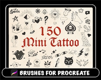 150 Procreate Mini Tattoo Brushes, procreate brush traditional Tiny tattoo,Small black tattoo stencil, Minimalist mystical heart eyes music