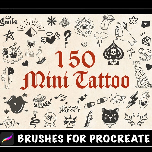 150 Procreate Mini Tattoo Brushes, procreate brush traditional Tiny tattoo, Small black tattoo stencil, Minimalist mystic heart eyes music