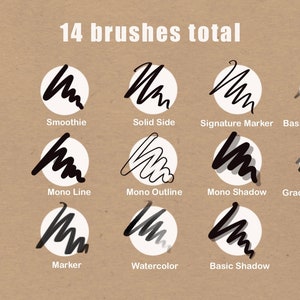 May include: A chart showing 14 different brush strokes, each with a name and a sample of the stroke. The brush strokes are labeled: Basic soft, Smoothie, Solid Side, Signature Marker, Basic Calligraphy, Furry Ink, Mono Line, Mono Outline, Mono Shadow, Gradient Shadow, Noise, Marker, Watercolor, and Basic Shadow.