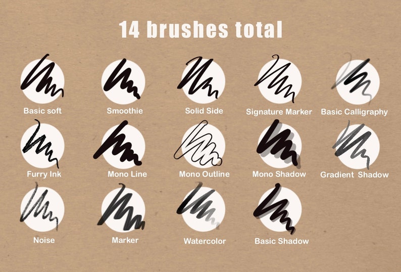 May include: A chart showing 14 different brush strokes, each with a name and a sample of the stroke. The brush strokes are labeled: Basic soft, Smoothie, Solid Side, Signature Marker, Basic Calligraphy, Furry Ink, Mono Line, Mono Outline, Mono Shadow, Gradient Shadow, Noise, Marker, Watercolor, and Basic Shadow.