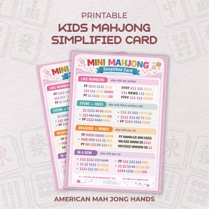 Könnte beinhalten: Druckbare Kids Mahjong Simplified Card mit rosa floralen Akzenten. Die Karte enthält Anweisungen für Like Numbers, Evens + Odds, Dragons + Winds und In a Row. Der Text "American Mah Jong Hands" befindet sich unten.